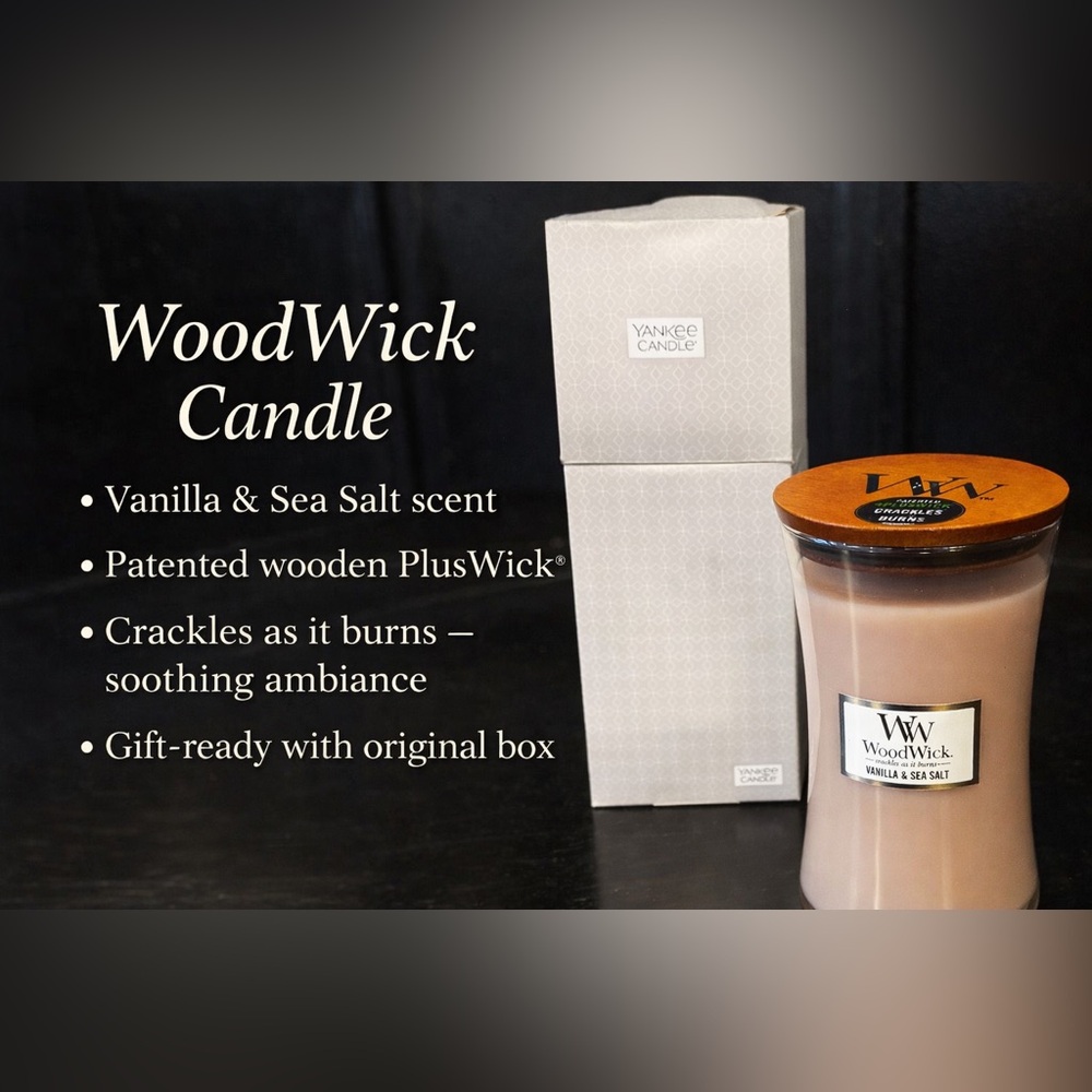 🕯️ WoodWick Vanilla & Sea Salt Candle w/ Wooden Wick + Box